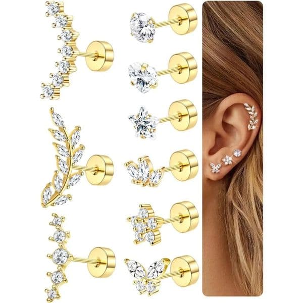 Bobisty Steel Cartilage Studs Earrings Hypoallergenic Earring Set Flat Back Helix Tragus Piercing Jewellery for Women 260414