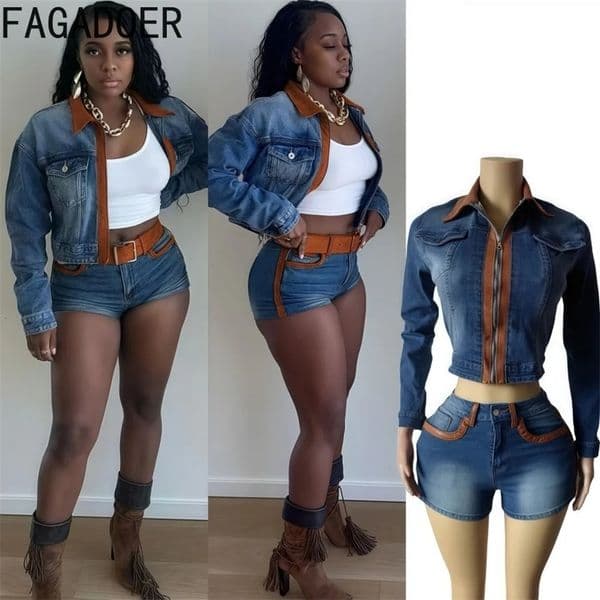 FAGADOER Retro Sexy Woman 2 Piece Set Outfit Long Sleeves Color Block Zipper Crop Jackets and Shorts Female Streetwear Clothing 251110BJ