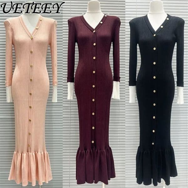 Autumn French Celebrity Vneck Maxi Dresses Singlebreasted Contrasting Color Slimming Long Fishtail Knitted Dress 251022BJ