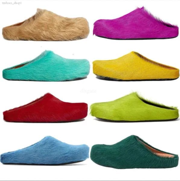 Sandals Furry Slides Fur Slides men designer slides miss sandal New fur slide slippers Cowhide horsehair Long Fur sandals Yellow Green Fashion Ourdoor Indoor 35-46