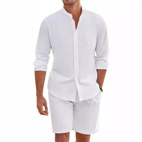 2 pcs Sets Mens Summer Linen Shirt and Shorts Cardigan Simple Casual Beach Shirts Comfortable Hawaii Wear 250711BJ