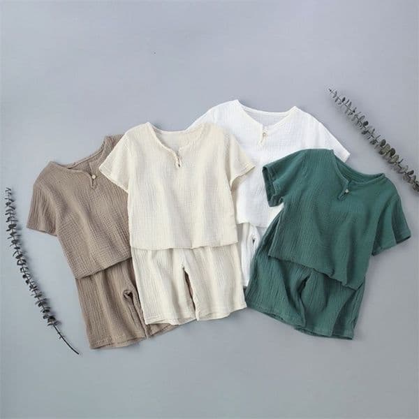 Toddler 100 Cotton Outfit Kids Boys Girls Muslin Linen T-Shirt Shorts 2PCS Baby Loungewear Summer Breathable Soft Clothing 260414BJ