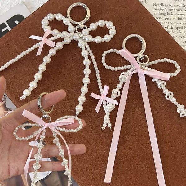 2025 Korean Fashion Sweet Pearl Bow Keychain Heart Pendant Keyring Y2K Ins Aesthetic Holder for Girl Bag Accessories 260407