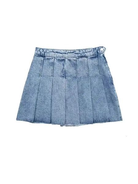 Women Fashion Wide Pleated Denim Mini Skirt Vintage High Waist Side Zipper Female Skirts Mujer 260407
