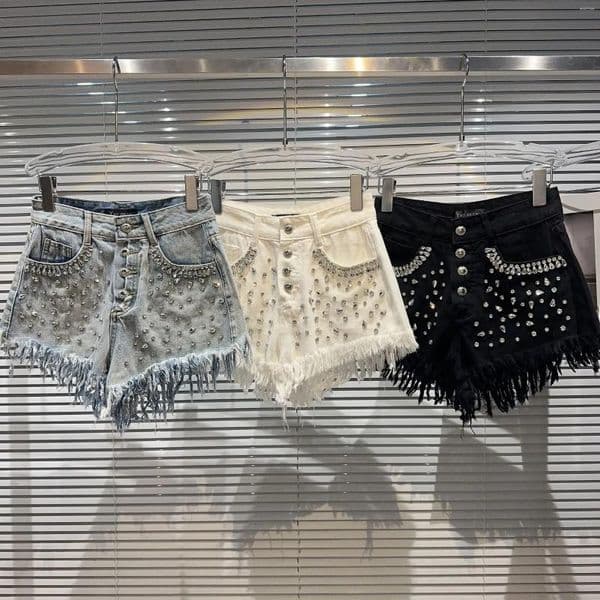Women's Shorts Americann Summer Rhinestones Diamonds Beaded Jeans Pants Sequined Cowboy Trousers Tassels Edge Crystal Fringed Denim