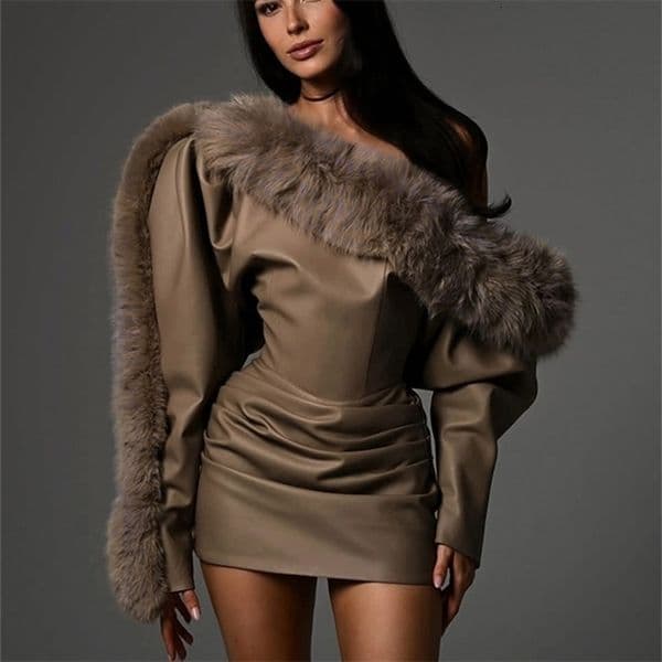 Kliou Faux Leather Mini Dresses Woman Furry Skew Collar Full Sleeve Backless High Waist Street Fashion Classic Bodycon 251112BJ