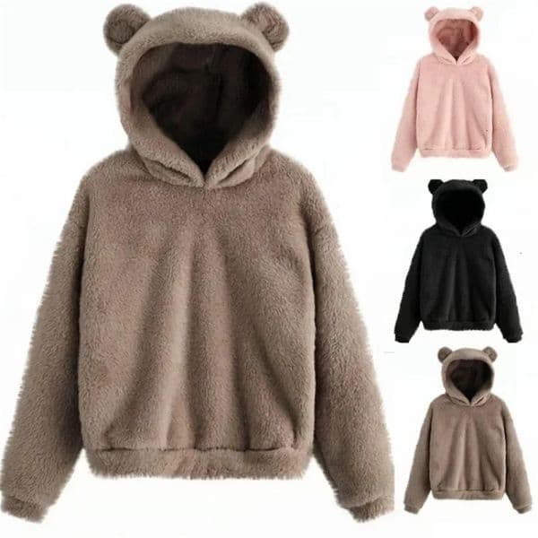 Autumn Winter Warm Fleece Womens Hoodies Solid Rabbit Ear Hood Sweatshirts Cute Warm Plush Casual Loose Hooded Pollovers 251230BJ