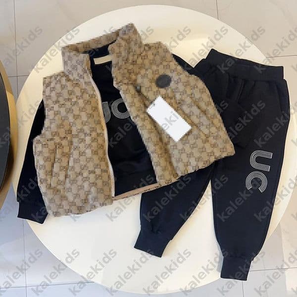 Designer Cotton Vest Jacket Kid Tracksuits Kids Velvet Sweatshirt Pants 2pcs Luxury Hooded Sweater Child Sweatpants Clothes Sets Winter -12 DLD2604184