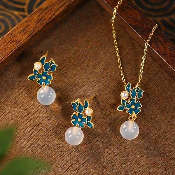Real Gold Plated Enamel Natural Chalcedony Vintage Light Luxury Chinese Style Flower Jewelry Set Earrings Necklace