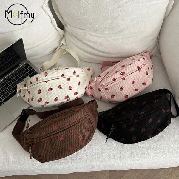 Waist Bag Women Men Corduroy Fanny Pack Strawberries Pocket Fashion Chest Handbag Sports Travel Purse Plaid WaistPack Belly Bags260416