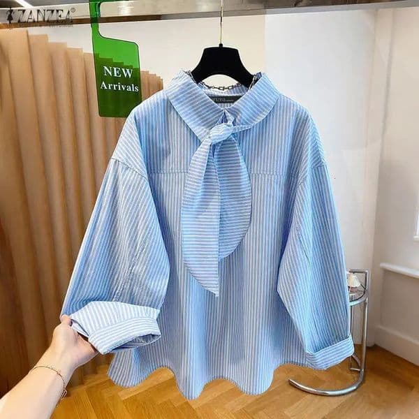 ZANZEA Vintage Striped Blouse Women Printing Shirts 2026 Autumn Long Sleeve Bandage Casual Tunic Tops Elegant OL Blusas 260414