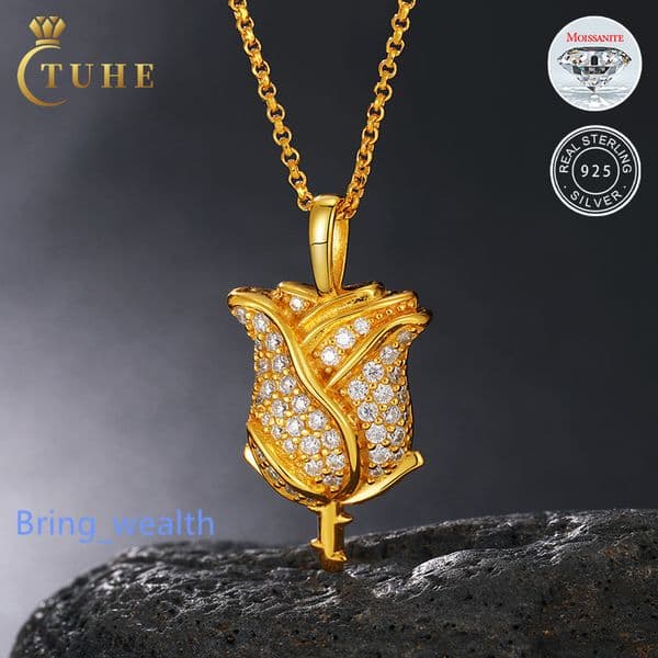 Dropshipping Iced Out Hip Hop Vvs Gold Plated 925 Silver Rose Charm Moissanite Diamond Pendant for Women Gift