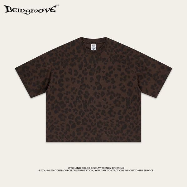 2026 new Spring and Summer European and American Retro Boxyfit Short and Wide Leopard Print Short - Sleeve T - Shirt for Teenagers Loose - Fitting Men's T - Shirt