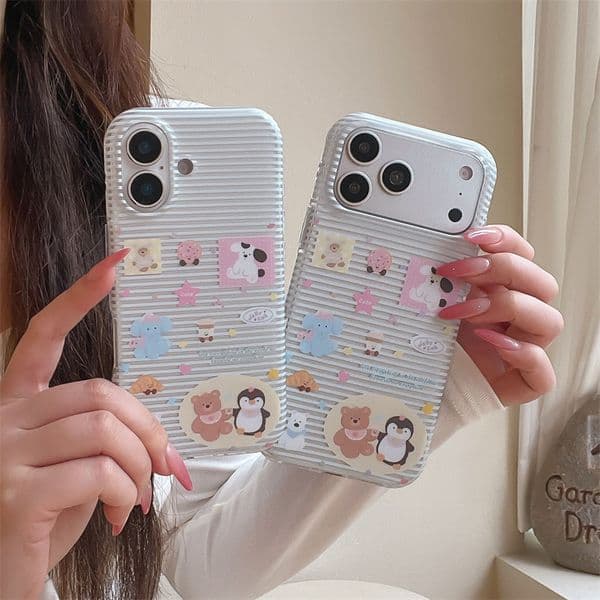 Ins style cartoon animal striped phone Cute penguin and bear transparent soft case - Suitable for Apple series