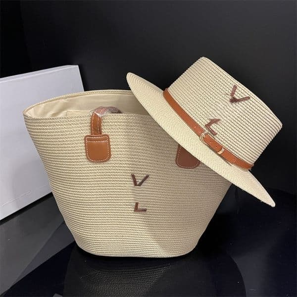 Luxury Designer Gradient Striped Straw Bag Sun Hat Set Woven Beach Accessories with Logo