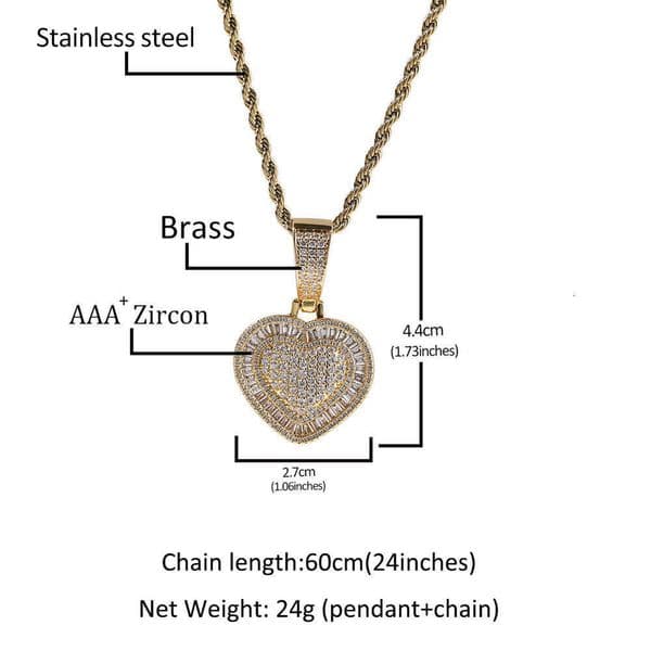 Vintage Cute Silver Inlaid Moissanite Heart Pendant Hip Hop Rap Trendy Cool Necklace Accessories Wholesale