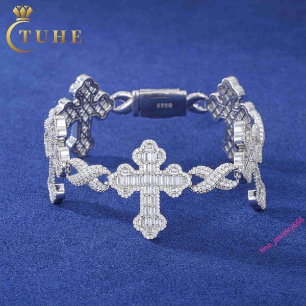 New Fashion Style Hip Hop Jewelry 30mm 925 Sterling Silver VVS Baguette Moissanite Diamond Infinity Mixed Cross Link Bracelet