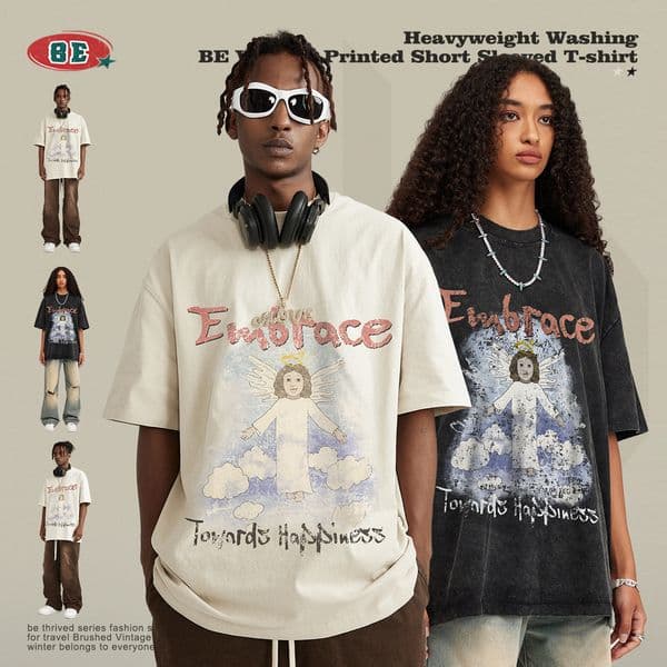 2026 new Men's Spring Washed Angel Print Crew Neck Retro Street Trend Loose Short Sleeve T-Shirt