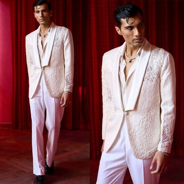 Handsome Men Suits Groom 2 Pieces Pearls Beaded Shawl Lapel Blazer Jacquard One Button Tailor-Made Jacket Customized Coat Pants Plus Size