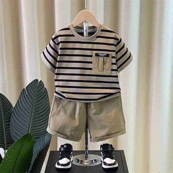 0-5 years old Boys summer outfit set Summer short sleeved shorts childrens striped baby two-piece set 260402BJ