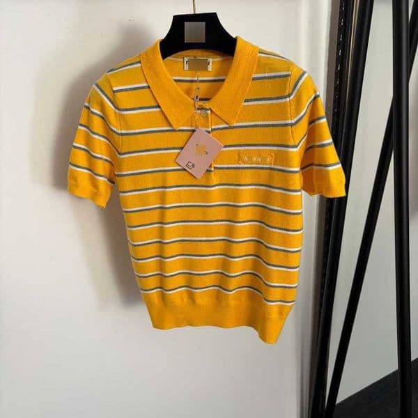 Women's Knits & Tees Designer High-end new French college style letter logo polo collar striped short-sleeve wool knit top QEQT