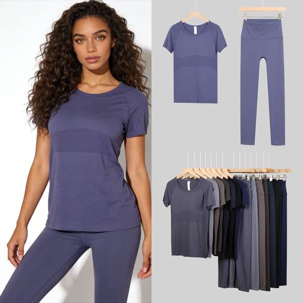 Womenyoga Solid Color Short Sleeve Yoga Outfit Sets Slim Fit Sports Tops High Waist Shaping Fitness T Shirts Comfortable Workout Sportswear