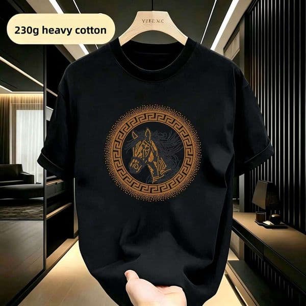 Summer New Heavyweight Pure Cotton Plus-Size Men's Short-Sleeve T-Shirt Chinese Style Horse Head Design, Light Luxury Dazzling Rhinestones, Versatile Asia Size