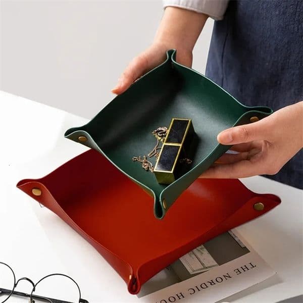 26ss Leather Storage Tray Dice Box Coin Desktop Jewelry Box Makeup Key Tray DIY Household Folding Tray Storage Case