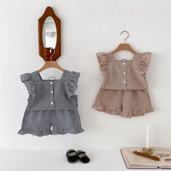Korean Style Kids Outfit Baby Clothes Girls Summer Checkered Sleeveless Blouses Shorts Two Piece Set 2-6yrs 260205BJ