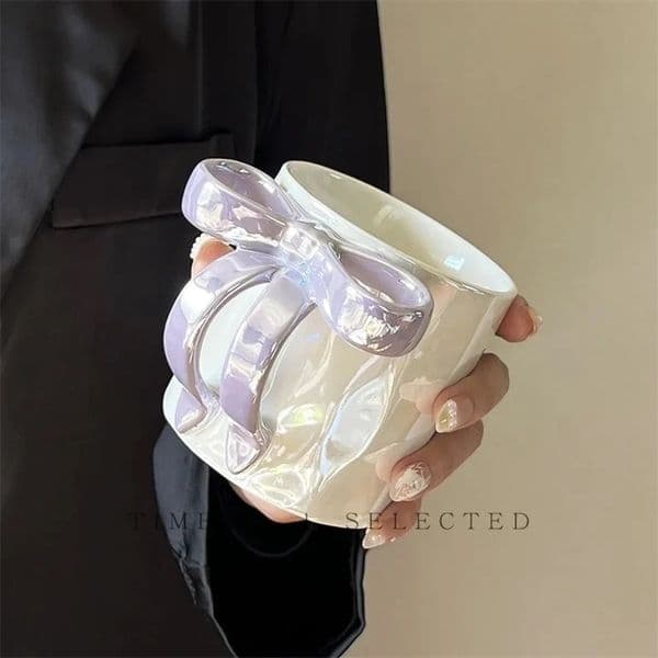 Elegant Bowknot Ceramic Mug with Pearlescent Finish Ideal for Tea Milk Coffee Breakfast Cup Exquisite Tea Cup Bar Accessories 260228BJ