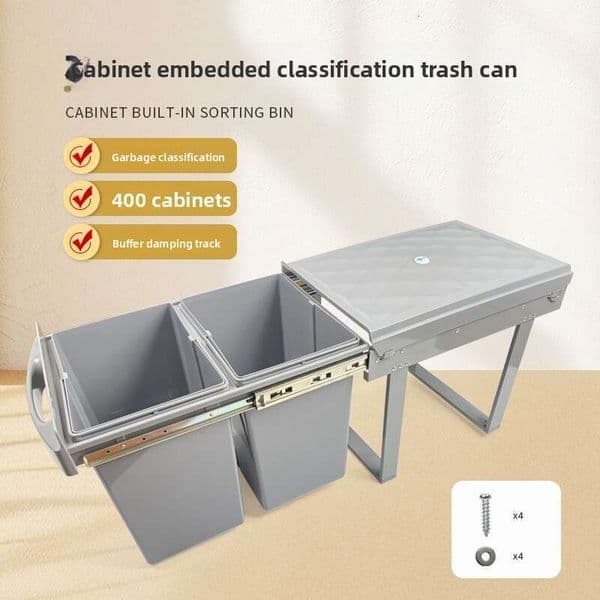 Built-in kitchen trash bin under cabinet sink, dual-bin sorting, household use, lid, pull-out basket, hidden with lid