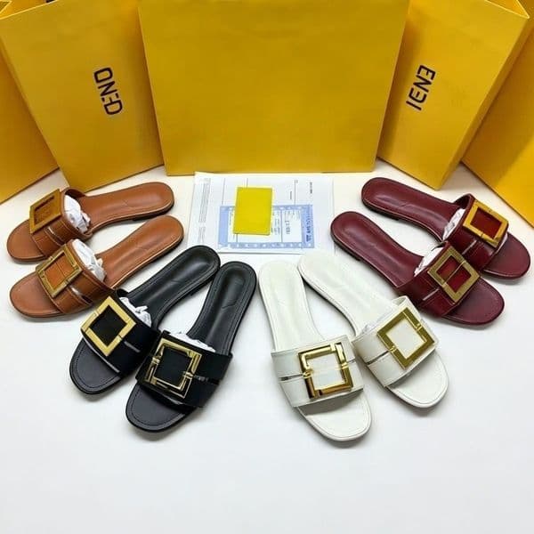 F Designer Shoes Women's Fashion Slides Sandals, Luxury Metal Buckle Flat Slippers, Casual Open Toe Leather Mules, Summer Beach Shoes for Ladies Gift Plus Size 35-42