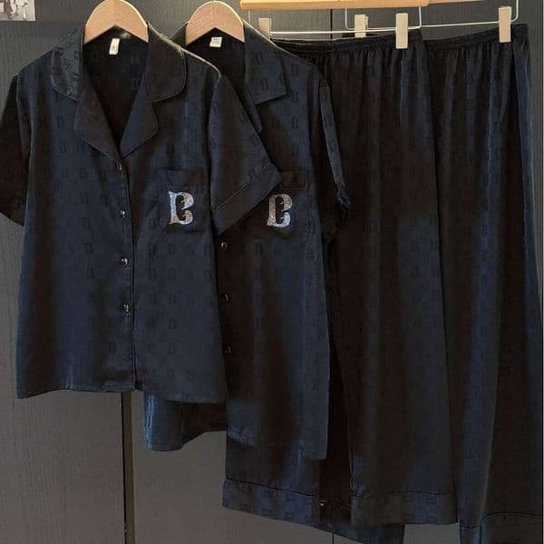 Men's Summer Ice Silk Pajama Set Short Sleeve Long Pants Jacquard 2 Piece Lounge wear Lightweight Loose Sleepwear Classic Notch Collar Home wear For Men