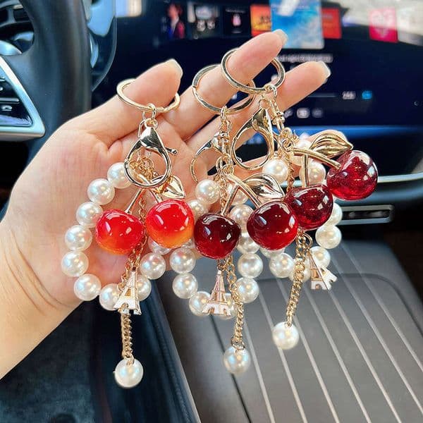 Fashionable Faux Pearl Chain Pendant, Charming Double Cherry Car Keychain Gift Women, Sparkling With A White Iron Tower, Suitable For Commuting And School Gifts