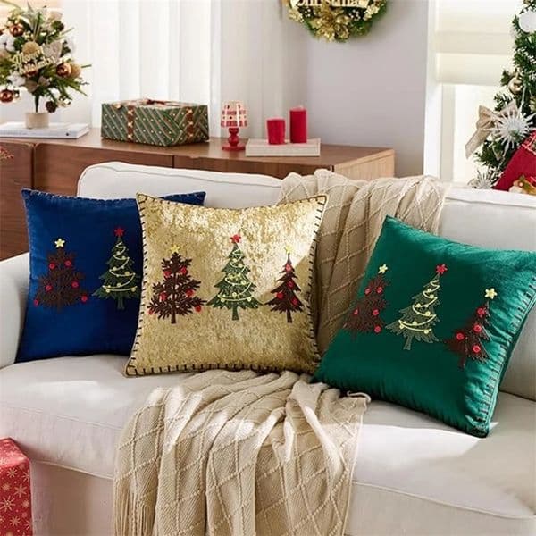 Velvet Embroidery Christmas Throw Pillow Cover Soft Square Cushion Case Xmas Trees Pillowcase for Home Winter Holiday Sofa Decor 251107BJ
