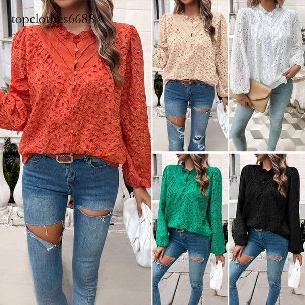 26ss Spring Autumn New Blouse Female Puffed Hollow Embroidery Long Sleeve Tops Lady's Base Shirt Women's Clothing SANRAN