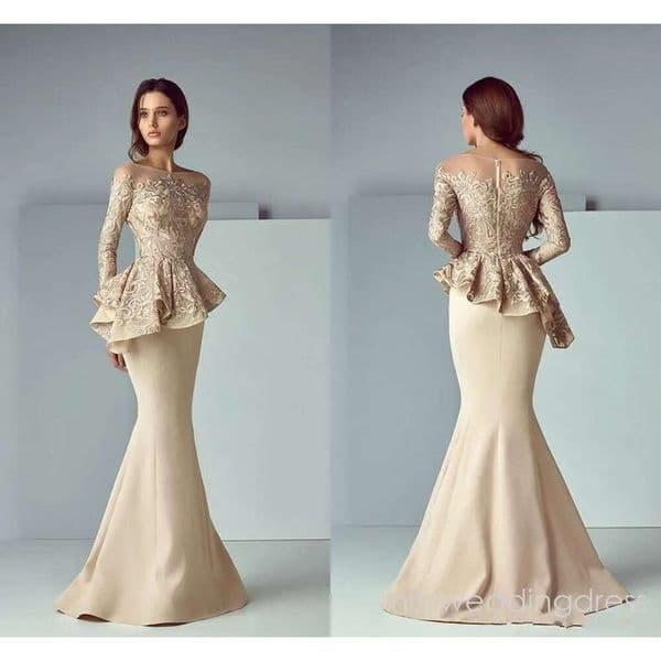 New Mother Of The Bride Dresses Jewel Neck Mermaid Illusion Long Sleeves Lace Appliques Peplum Wedding Guest Mothers Gowns