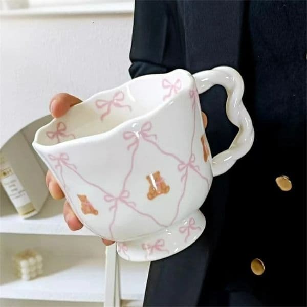 Ceramic Coffee Mug with Pink Bow Cute Bear Kawaii Water Cup Breakfast Milk Cup Home Office Leisure Cartoon Cup Birthday Gift Mug 260228BJ