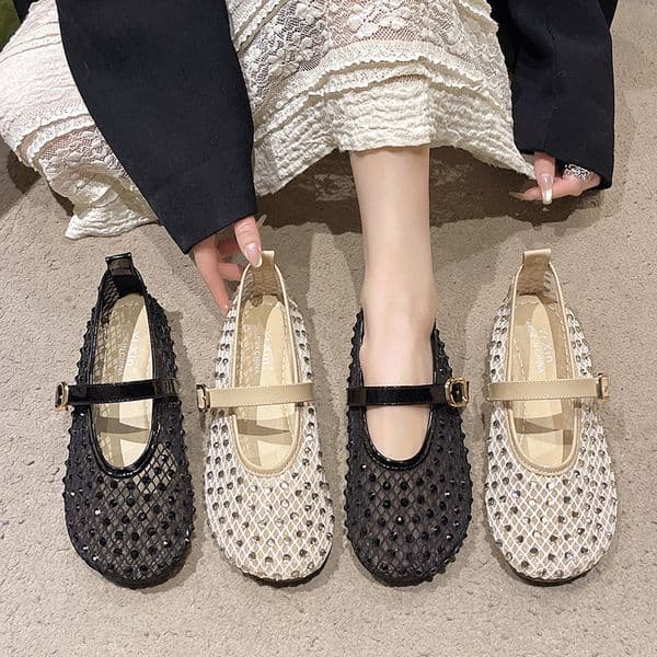 Rhinestone Mesh Breathable Sandals For Women Spring Summer New Flat Comfortable One-Strap Shallow Mary Jane Shoes