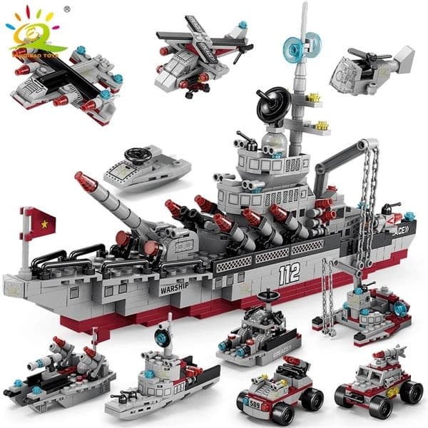 HUIQIBAO Military Ship 554pcs 8in1 Aircraft Cruiser Building Blocks Army Warship Plane Truck Bricks City Children Toys for Boy 260326BJ