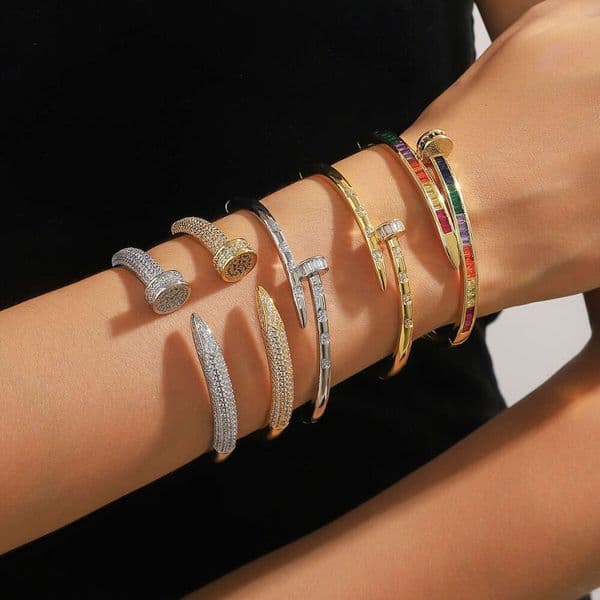 European And American Cross-Border Micro Pave Color Gold Copper Zircon Street Open Adjustable Personality Nail Bracelet
