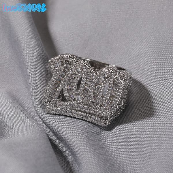 In Stock Iced Out 925 silver Inlaid MoissaniteVVS 100 Points Baguette Moissanite Gemstone Ring Sparkling Diamond Men Hip Hop Lucky Ring for Fortune