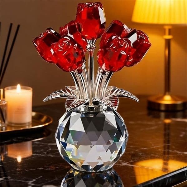 Crystal Gemstone Rose Flower Colourful Rose Bouquet Red Rose Figurine Ornament Eternal Gift 251216BJ