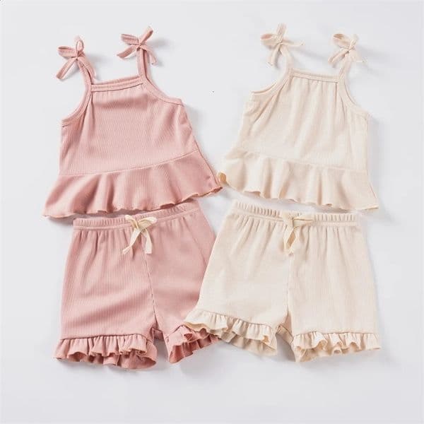 Summer Baby Girl Solid Color 2pcs Bow Halter Ruffle Top Shorts Fashion Comfortable Breathable Cute 260205BJ