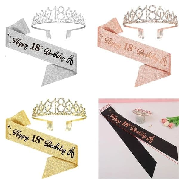 2Pcs/Set Crown and Pearl Pin Set for 18th Birthday - Happy 18th Birthday Sash Tiara Cake Topper Decorations and Gift for Her 260402BJ