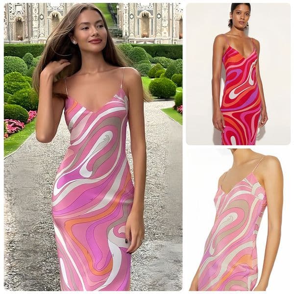 2026 New Style Color-Block Artistic Print Dress with Thin Straps V-Neck High-End Feel Slit Vacation Long Dress