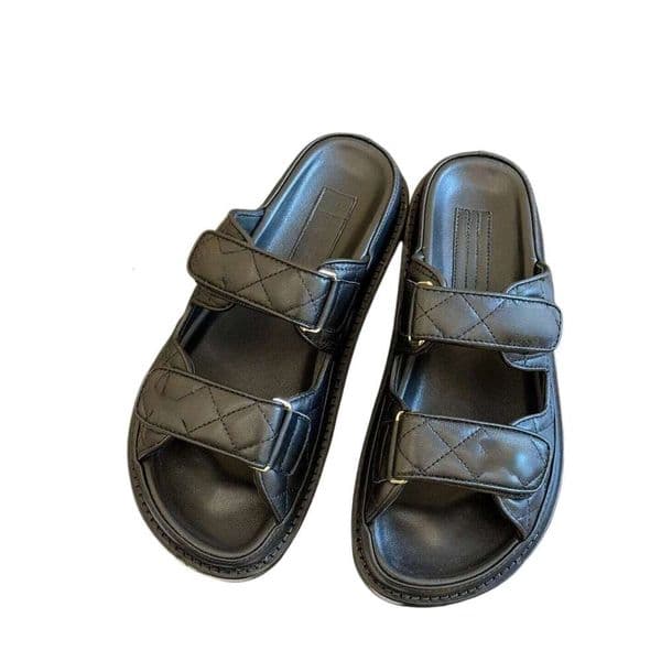 2026 New Hook Loop Strap Slides Women Summer Genuine Leather Round Open Toe Platform Flat Casual Half Slip On Slippers Sandals Designer Shoes-2