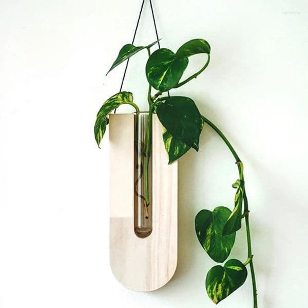 Luxury Designer Artificial Plants And Flowers, Vases Decor Home - Wooden Hanging Planter With Glass Vases, Five Style Options, Decorative Wa 6