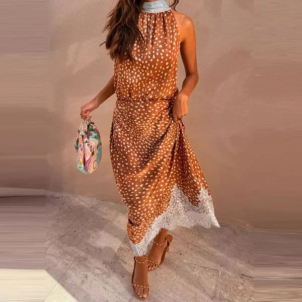 Elegant Lady Sleeveless Halter TopsHalf Skirts Sets Fashion Casual Slim Set Vintage Polka Dot Printed Lace Spliced Vacation Set 260417