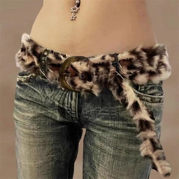 Retro Leopard Print Fur Belts Warm Hip Hop Adjustable Y2K Girls Aesthetic 2000s Jeans Belt Personalized Grunge Belts 260323BJ